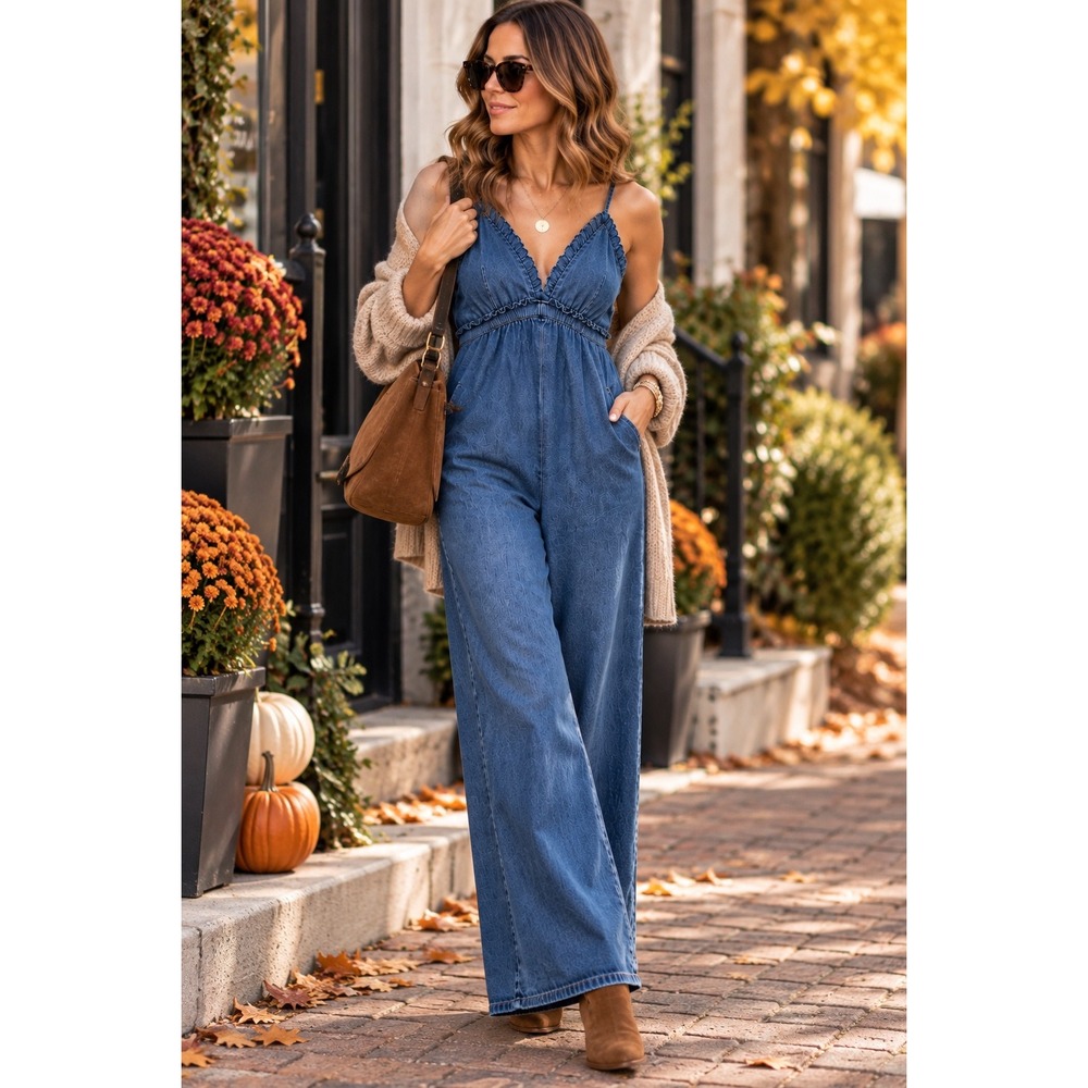 Anthropologie LaBiz Jumpsuit Ruffle V Neck Blue Cotton Denim Wide Leg Boho Small